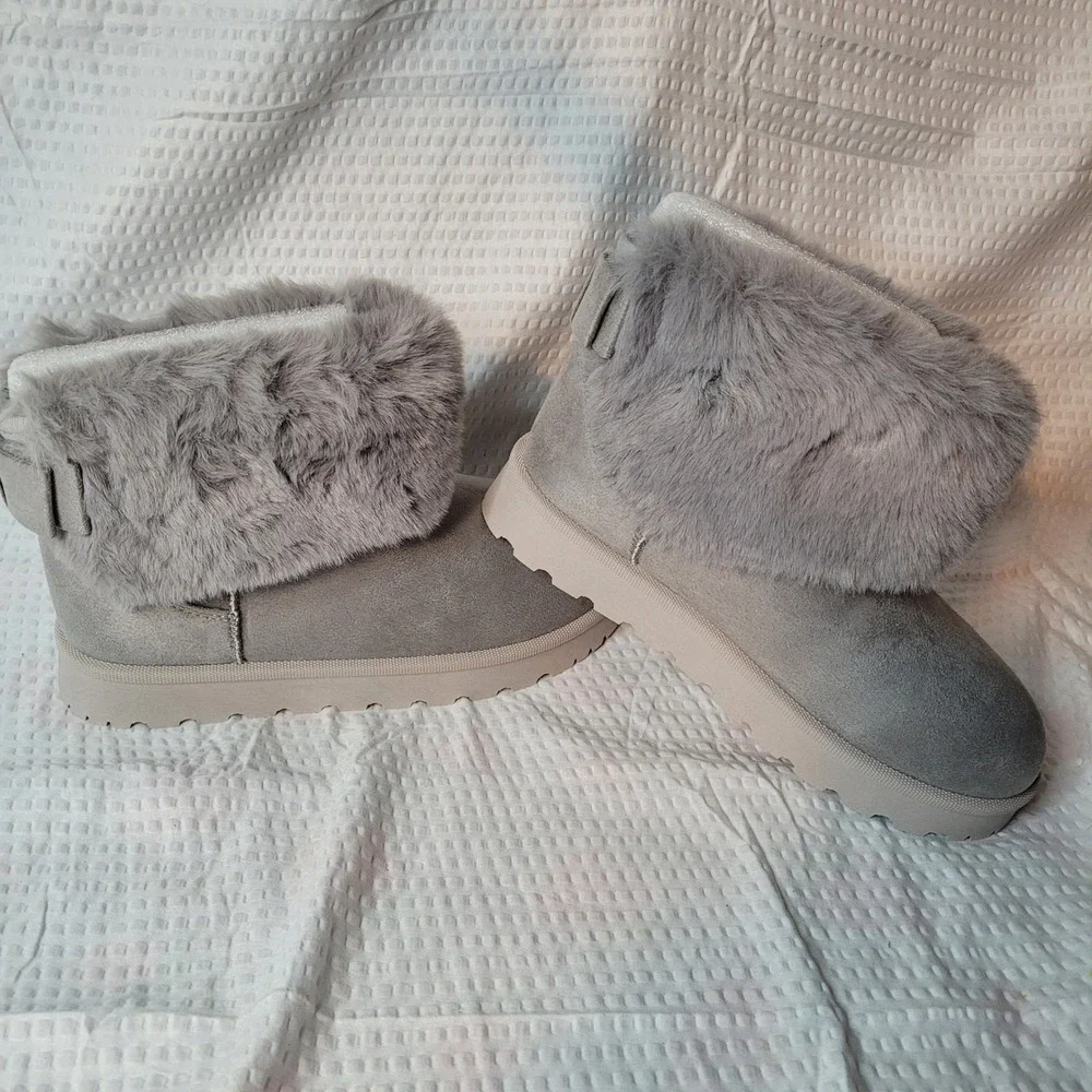 Grey Faux Suede Fur Trim Ankle Boots Lug Sole Platform Winter Boots Size‎ 7.5